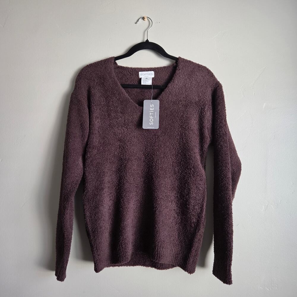NWT Softies Brown Espresso Solid Marshmallow V-Neck Cozy Plush Lounge Set SZ XS